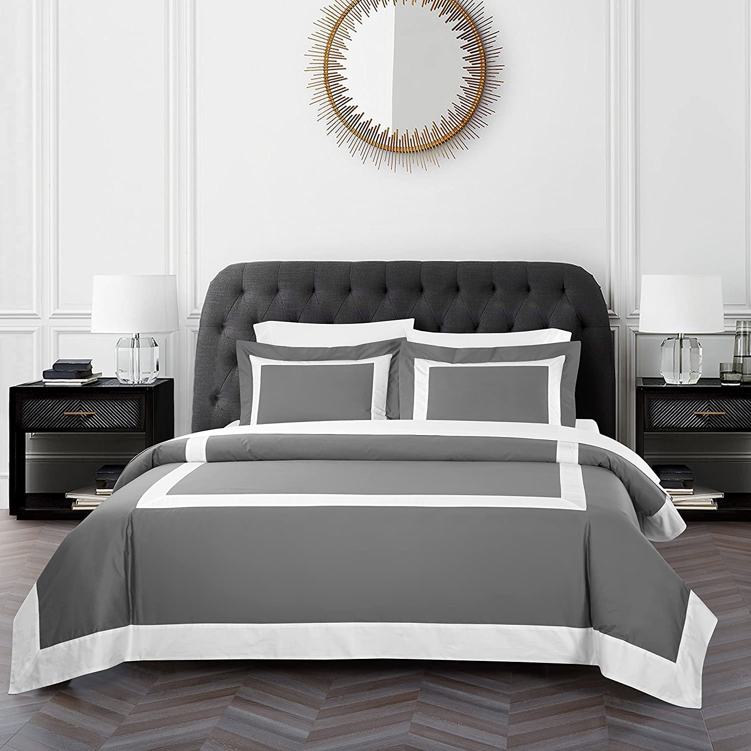 Price:$149.90 Bicolore Collection Duvet Covers Set 3 Pieces Do Not Include Filling Classic European 100% Egyptian Cotton Sateen Luxury 400 Thread Count Frame Patchwork Manufacturing(Grey/White,King) : Home & Kitchen