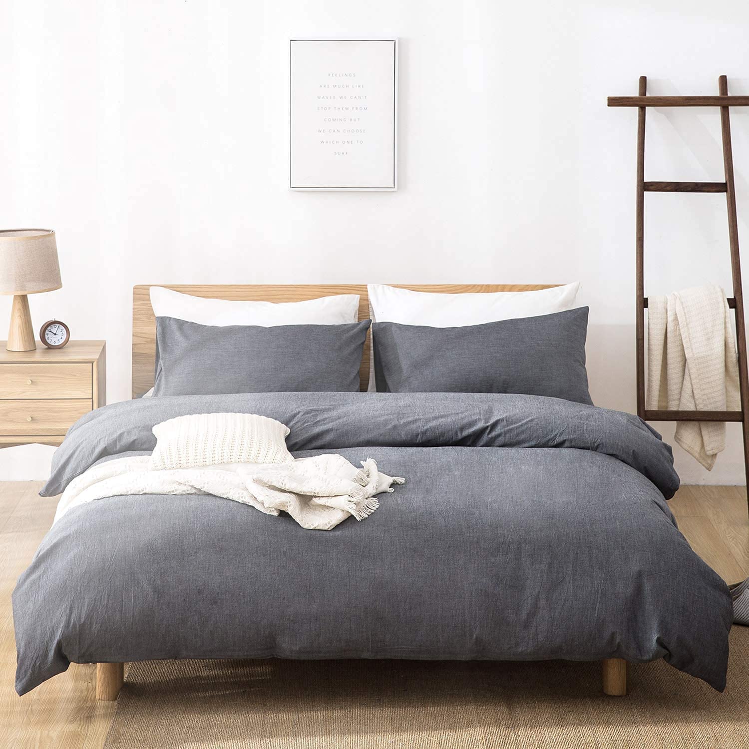 Price:$36.99 Washed Cotton Duvet Cover 3 Piece, Comforter Cover King Size, 400 Thread Count Solid Color and Ultra Soft with Zipper Closure, Corner Ties, Simple Bedding Style, Gray : Home & Kitchen