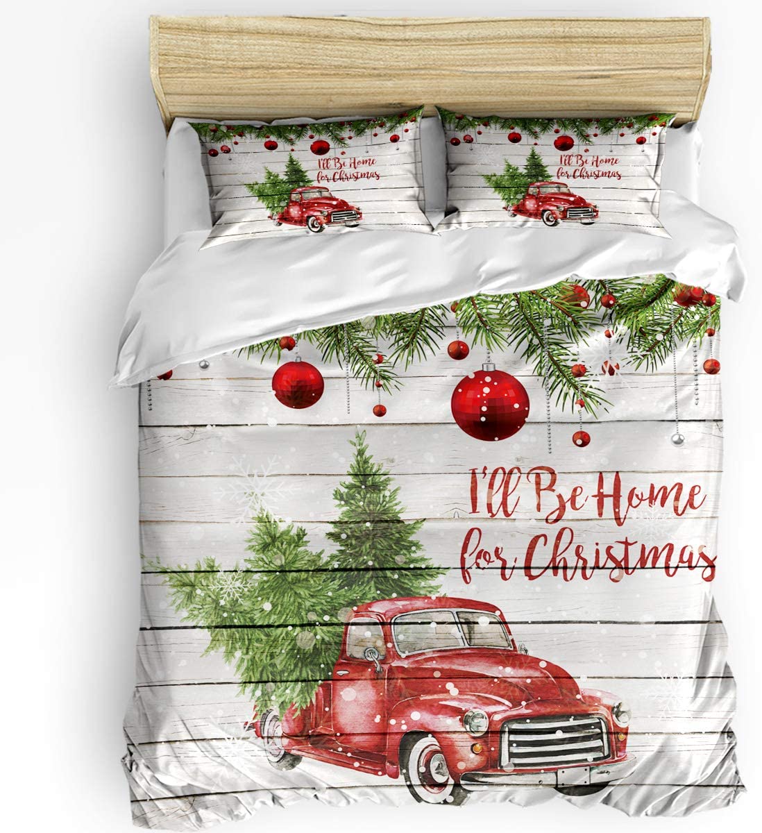 Price:$73.56 - Home 3 Pieces Breathable Bedding Set, Christmas Tree on The Red Truck ComforterQuilt Duvet Cover with Zipper Closure and Cozy 2 Pillow Shams Queen Size Wooden Grain : Home & Kitchen