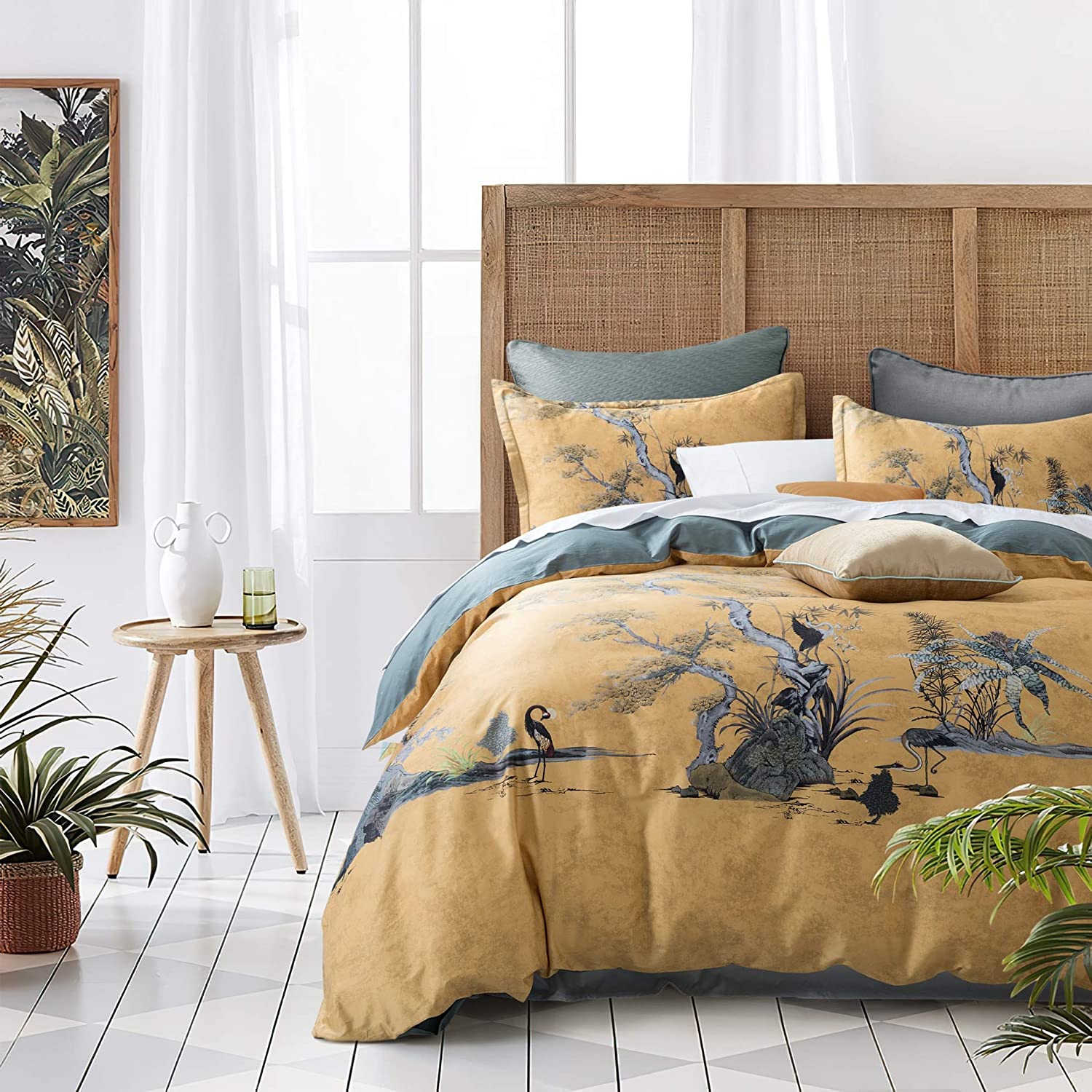Price:$119.80 Chic Duvet Cover Set Painted Oriental Garden Print Bedding 400tc Cotton Sateen Beautiful Botanical Nature Antique Asian Drawing (Ocher Shade, King) : Home & Kitchen