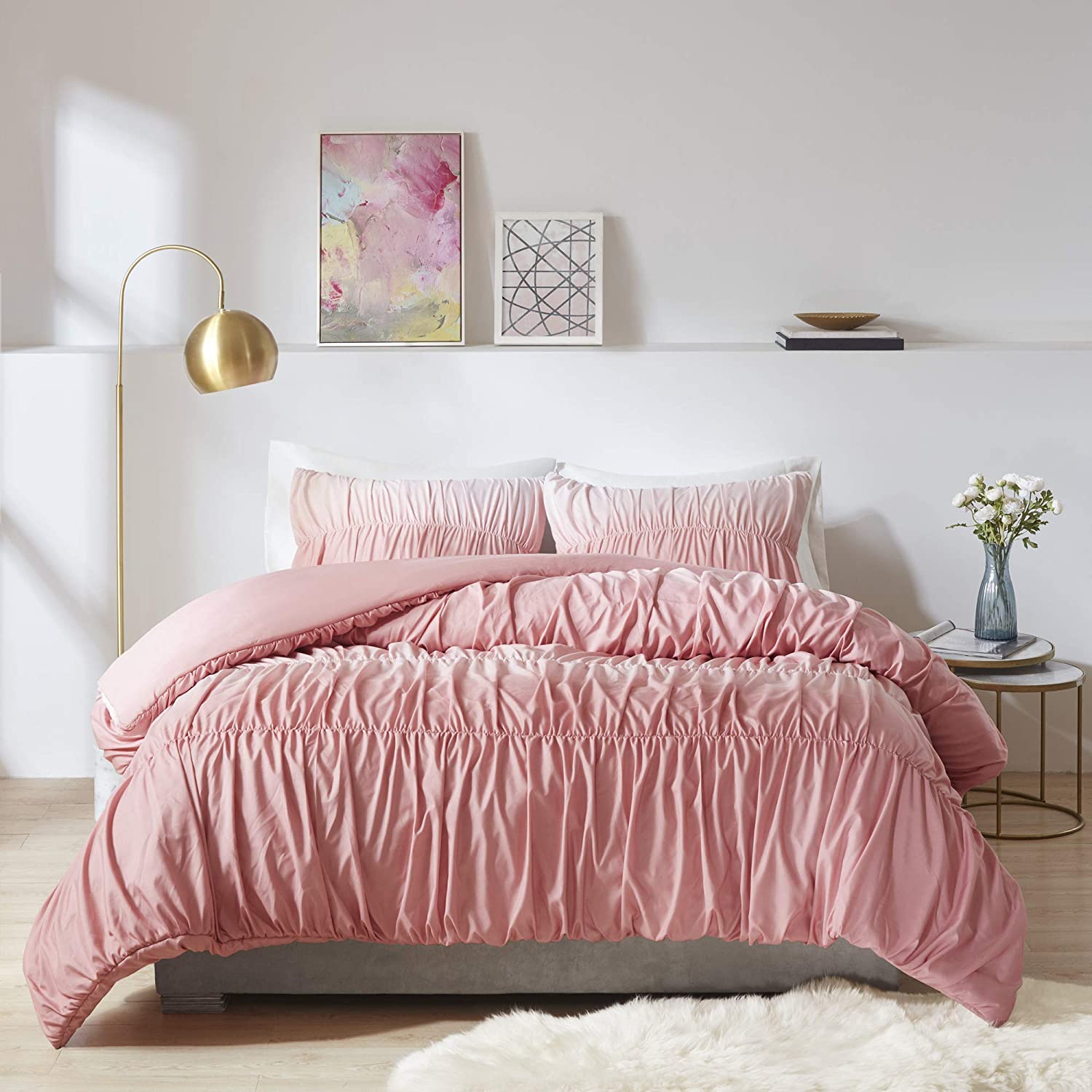 Price:$43.62 Design Ellen 3 Piece Duvet Set Ruched Design with Ombre Fabric Modern Trendy All Season Comforter Cover Bedding-Set with Matching Sham, Full/Queen, Blush : Home & Kitchen