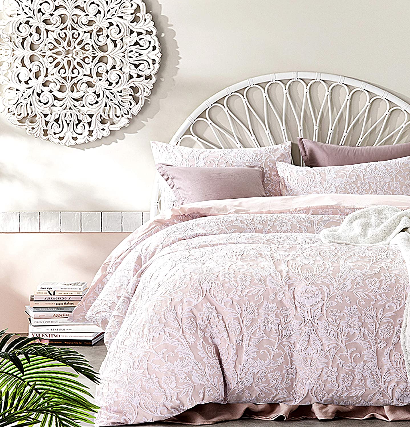 Price:$128.80 Home Soft Cotton Textured Jacquard Bedding Modern Cottage Duvet Cover Set Reversible Woven Damask Floral Birds Nature Design (Blush Pink, King) : Home & Kitchen