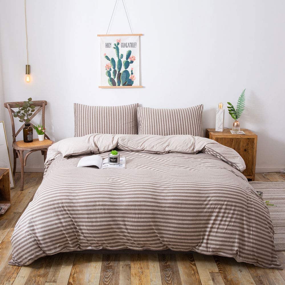 Price:$19.99 Jersey Cotton Duvet Cover, 3 Piece Duvet Cover Set With Zipper Closure (Dark and Light Coffee Alternating Stripes, King) : Home & Kitchen