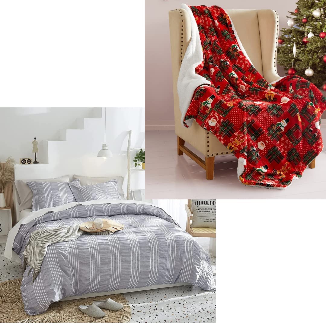 Price:$54.99 Bundle-Seersucker Grey Duvet Cover King Size & Sherpa Christmas Throw Blanket, 3 Pieces Duvet Cover Set with Zipper Closure, Christmas Throw for Couch Sofa and Bed : Home & Kitchen