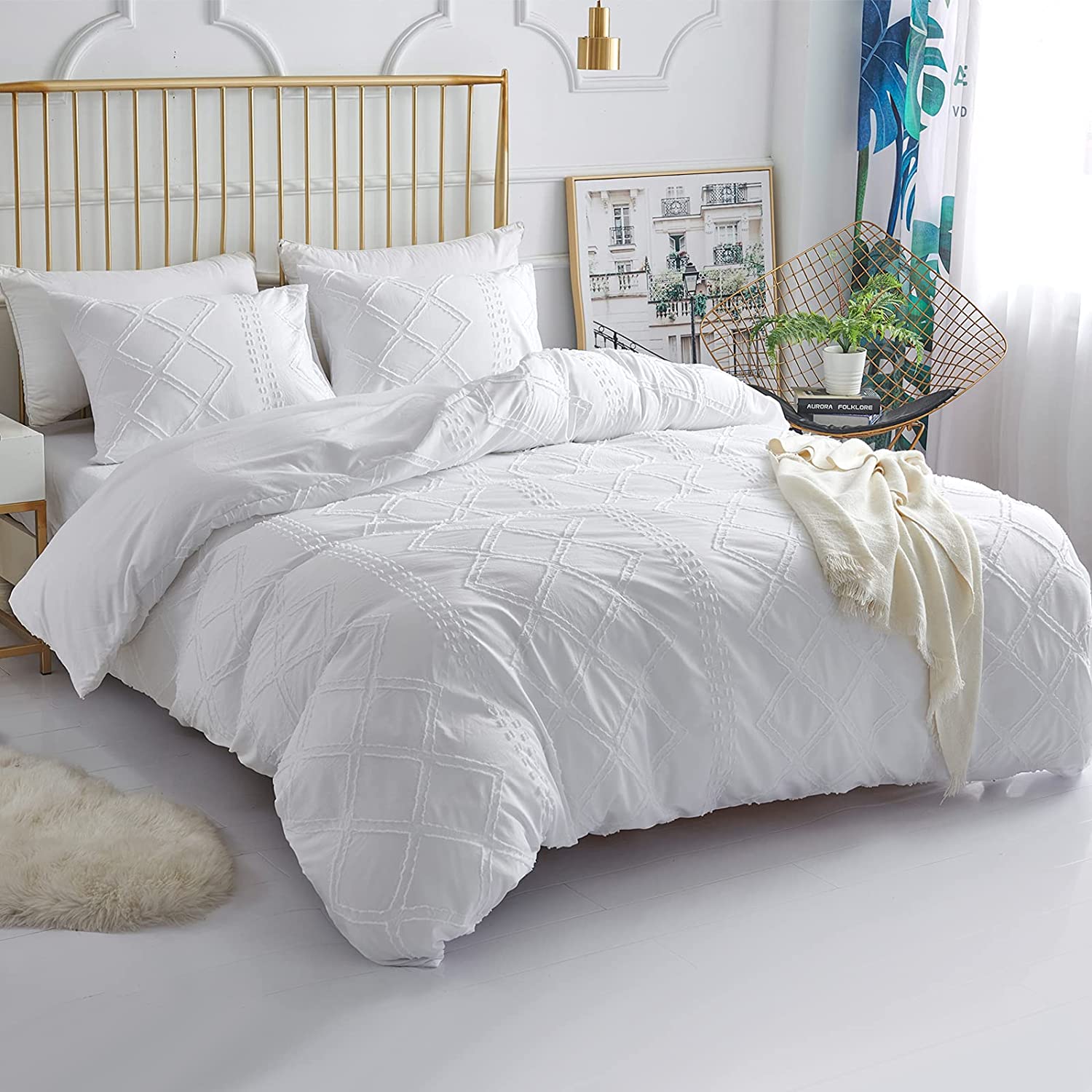 Price:$45.99 White Tufted Duvet Cover, King Size 3-Piece Set Soft Microfiber Jacquard Duvet Cover, with Zipper Closure Corner Ties, Bohemian Bedding Set : Home & Kitchen