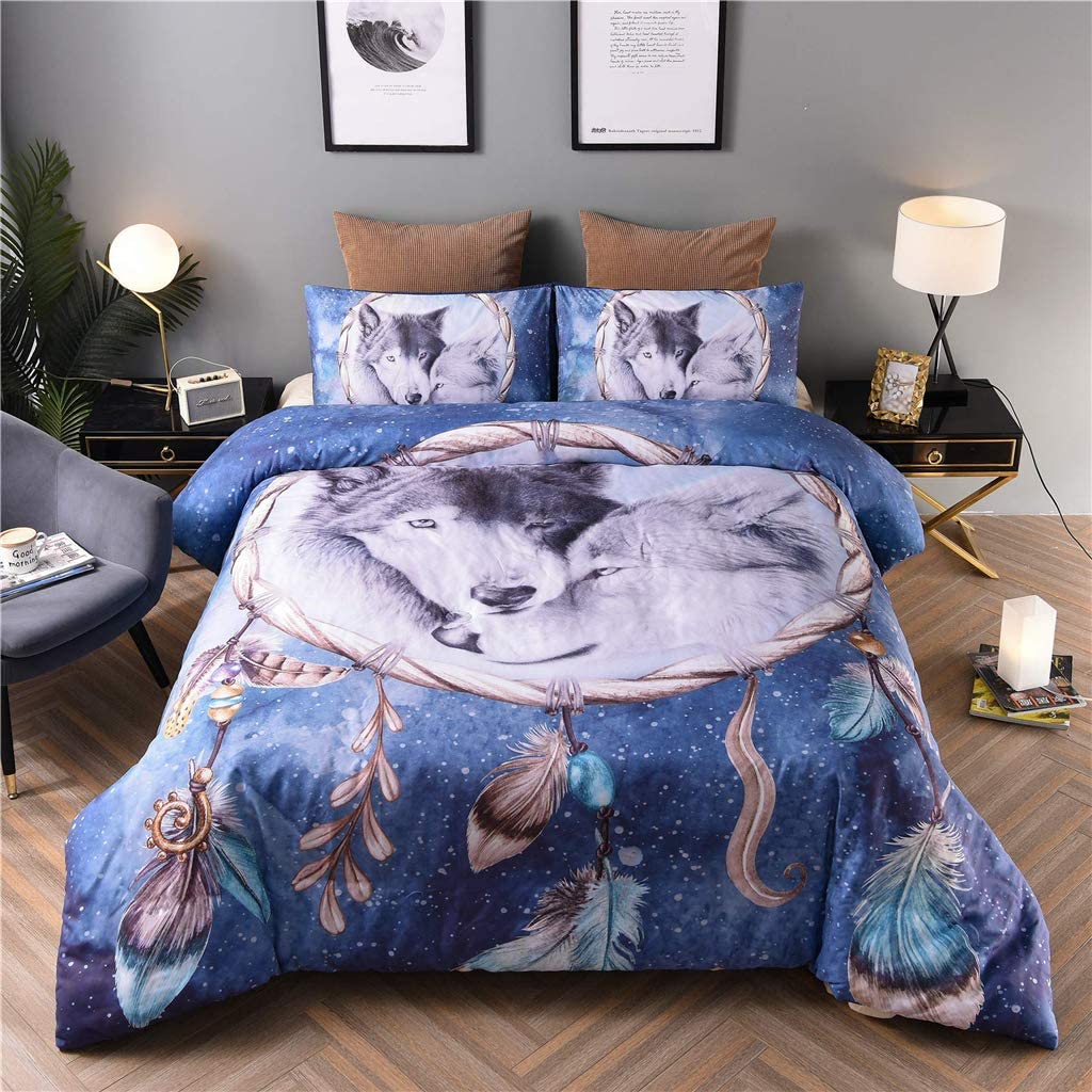 Price:$36.98 Bedding Duvet Cover Set Queen Size with Stereoscopic Vision Wolf Dreamcatcher Pattern and Zipper Closure for Quilt Comforter All Seasons, 90"x90" (1 Duvet Cover +2 Pillowcase), Duvet Excluded : Home & Kitchen