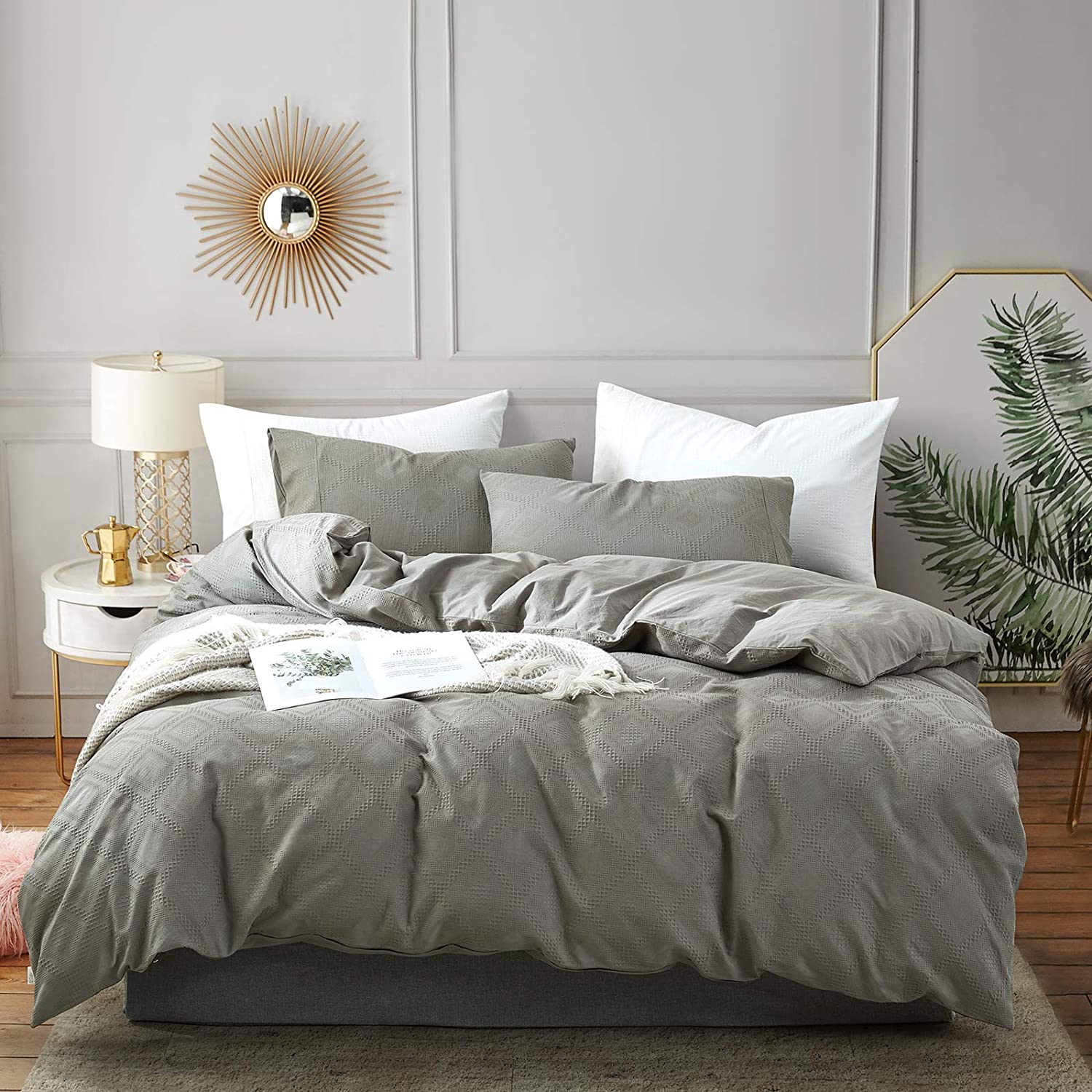 Price:$49.99 Cover Queen, 100% Cotton 3 Piece Bedding Sets, Luxury Solid Color Waffle Plaid, Ultra Soft and Breathable with Zipper Closure & Corner Ties (Queen,Neutral Gray) : Home & Kitchen