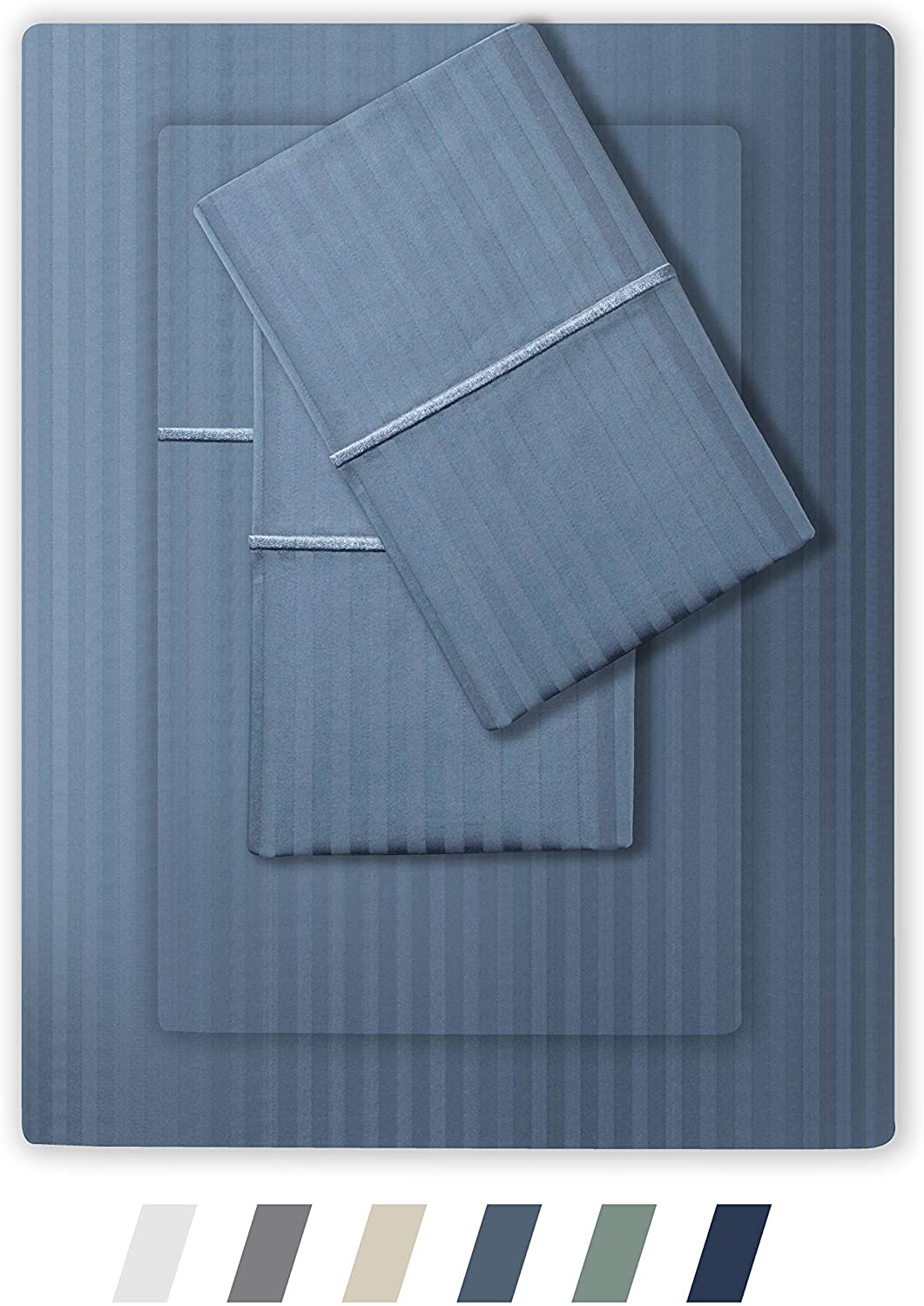 Price:$74.99 & Stitch 500 Thread Count 100% Cotton Stripe Sheets Set with 2 Twin XL Fitted,1 King Flat, 2 King Pillow Cases .Soft Sateen Weave, Deep Pocket (Blue, Split King) : Home & Kitchen