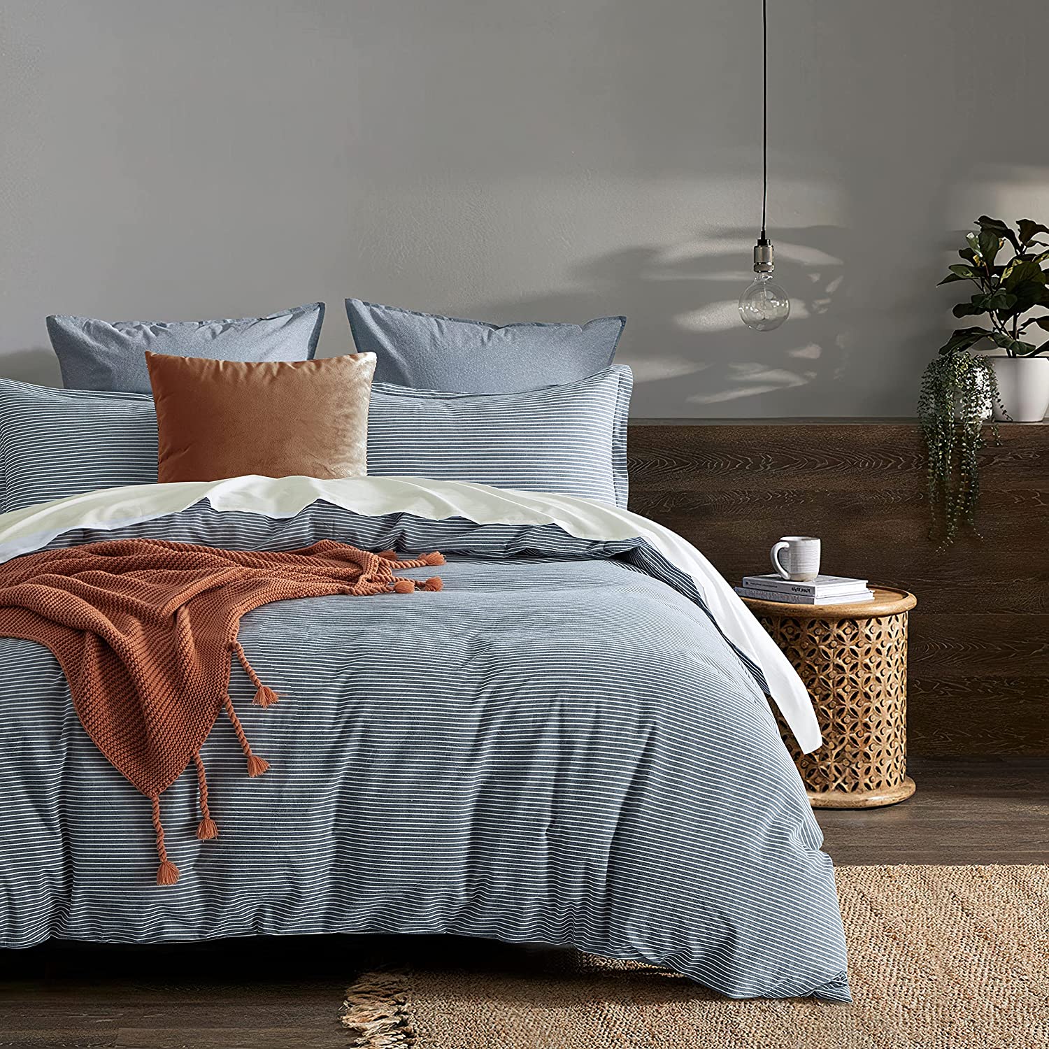 Price:$98.80 Cotton Pinstripe Chambray Duvet Cover Relaxed Minimal Scandinavian Style Bedding Set Yarn Dyed Natural Classic Striped Pattern Medium Stripe (King, Navy) : Home & Kitchen