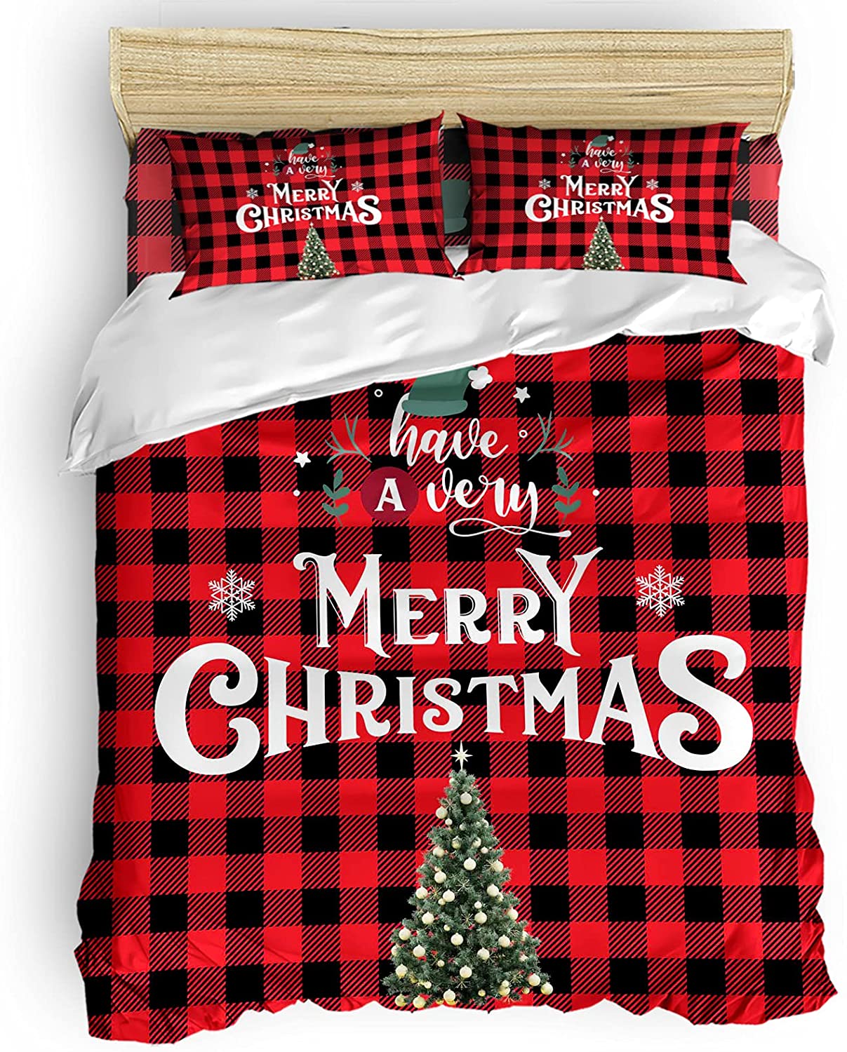 Price:$90.90 4 Piece Bedding Set California King, Have A Very Merry Christmas, Duvet/Comforter/Quilt Cover Set with Bed Sheet Pillow Shams for Kids/Teens/Adults/School Red Black Buffalo Plaid : Home & Kitchen
