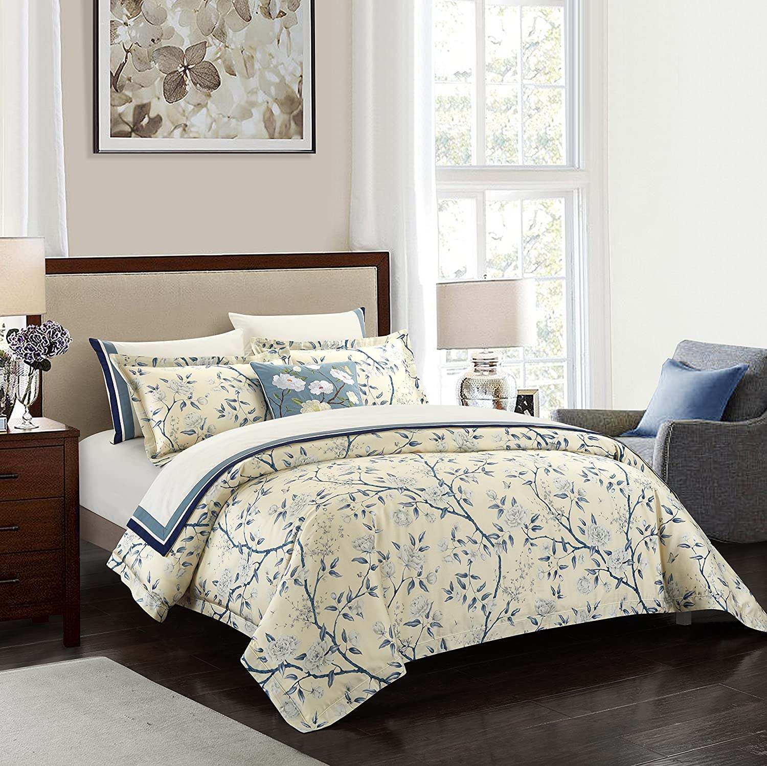 Price:$99.90 Blue&White Luxury Vintage Duvet Covers Set 3 Pieces Do Not Include Filling Deluxe French Country Watercolor 100% Egyptian Cotton Sateen 400 TC Button Closure and Corner Ties Queen Size : Home & Kitchen