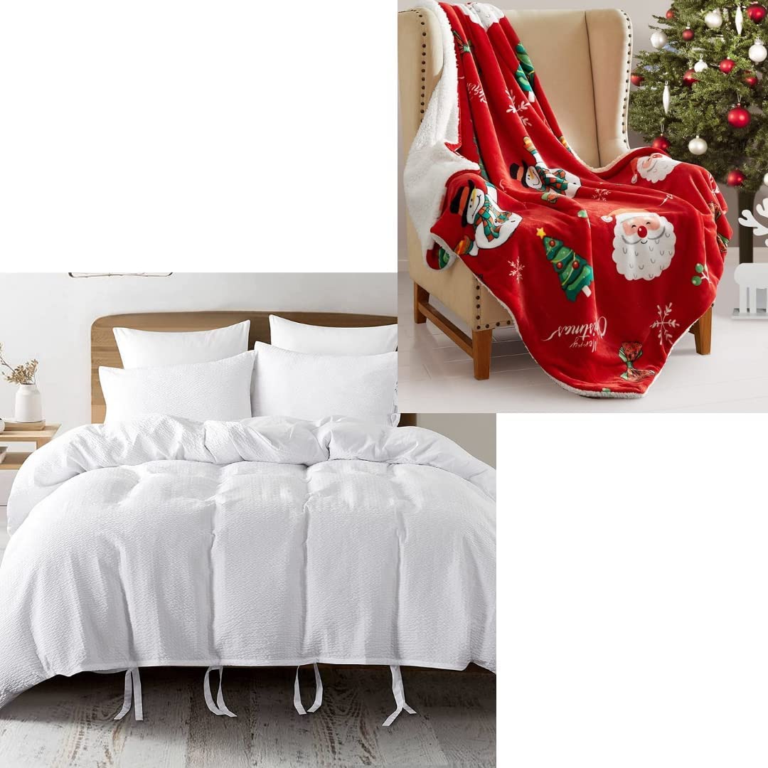 Price:$59.99 Bundle-White Duvet Cover Set(Queen Size) & Sherpa Christmas Throw Blanket, Textured Bowknot Comforter Cover, Soft Cozy Fluffy Christmas Throw for Couch Sofa and Bed( 50"X 60") : Home & Kitchen