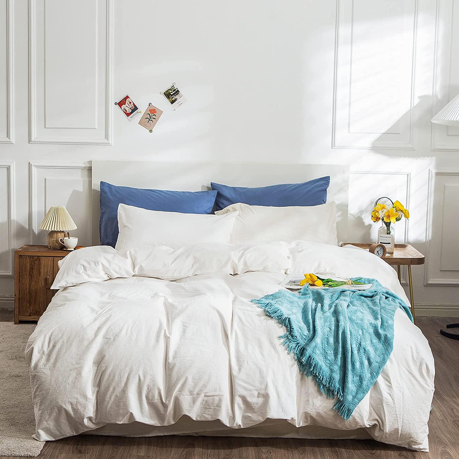 Price:$49.99 100% Natural Washed Cotton Duvet Cover Set Queen Size, Solid Color 1 Duvet Cover with 2 Pillow Shams, Machine Washable, Soft, Breathable with 8 Corner Ties & Zipper Closure (White) : Home & Kitchen