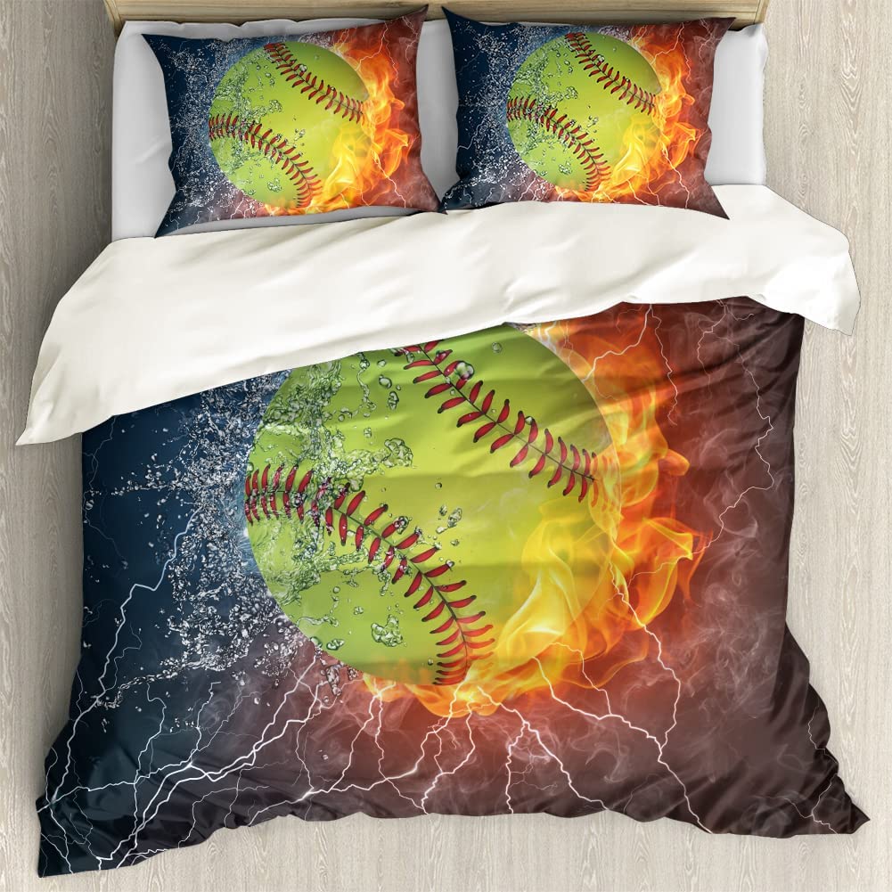Price:$39.99 3D Fire Water Softball Duvet Cover Set for Boys,Bedding Sets with Zipper Closure,1 Duvet Cover and 2 Pillow Shams,No Comforter(Queen/Full,Beige) : Home & Kitchen