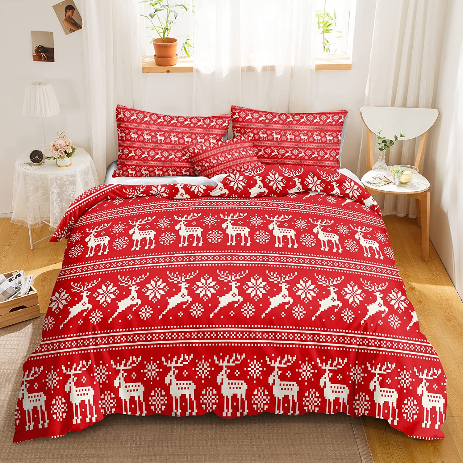 Price:$19.99 Bedding Deer Duvet Cover Set White Snowflake Reindeer Printed Red Bedding Sets Queen 1 Duvet Cover 2 Pillowcases (Queen, Deer) : Home & Kitchen