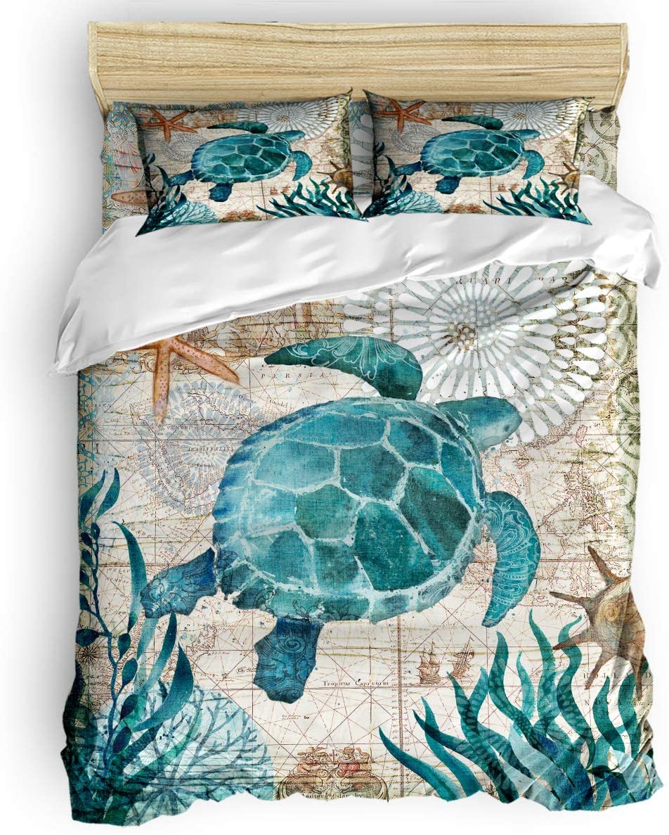 Price:$129.85 Sea Turtle Starfish Underwater Theme 4 Pieces Bedding Sets California King, Flannel Duvet Cover Sheet Bedspread with 2 Decorative Pillow Shams for Bedroom Dorm Hotel Retro Teal : Home & Kitchen
