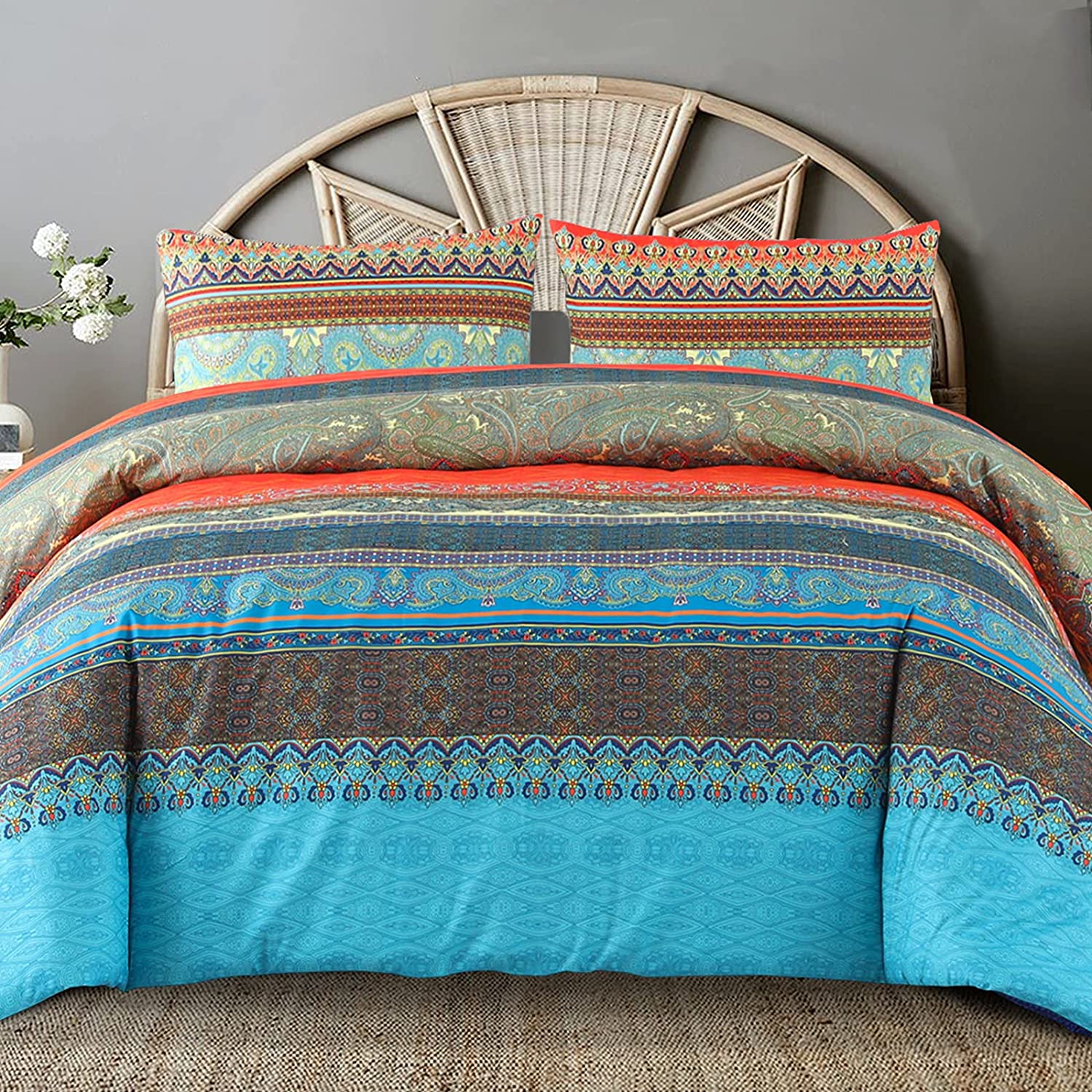 Price:$24.99 Mezcla Boho Bedding Duvet Cover Set, 3 Pieces Lightweight Comforter Cover with Pillow Shams (King Size，Red and Blue) : Home & Kitchen