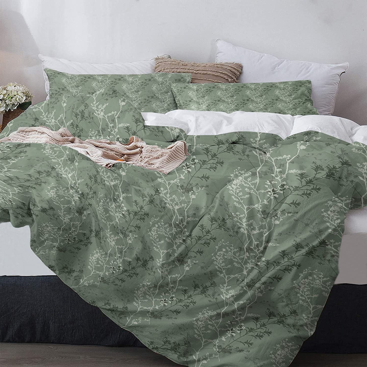 Price:$12.99 Tree Branch Duvet Cover Set Queen Size, Green and White Thin Branch Plant Floral 3 Piece Bedding Set, Abstract Leaves Ultra Soft and Durable Comforter Set with 2 Pillow Shams (Branch) : Home & Kitchen