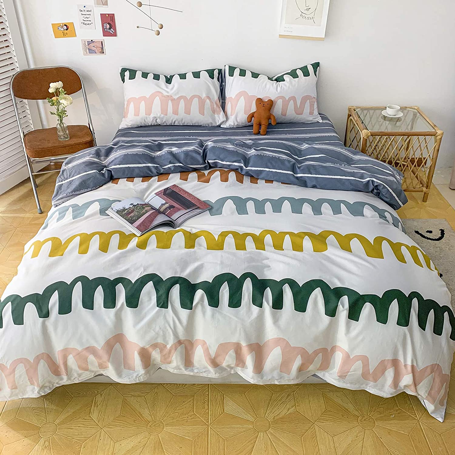 Price:$49.99 Wave Duvet Cover Set Queen 100% Cotton Bedding for Kids Boys Girls Teens Woman Yellow Green Pink Gray Ripple on White 1 Abstract Geometric Comforter Cover Full Zipper 2 Pillowcases Queen : Home & Kitchen