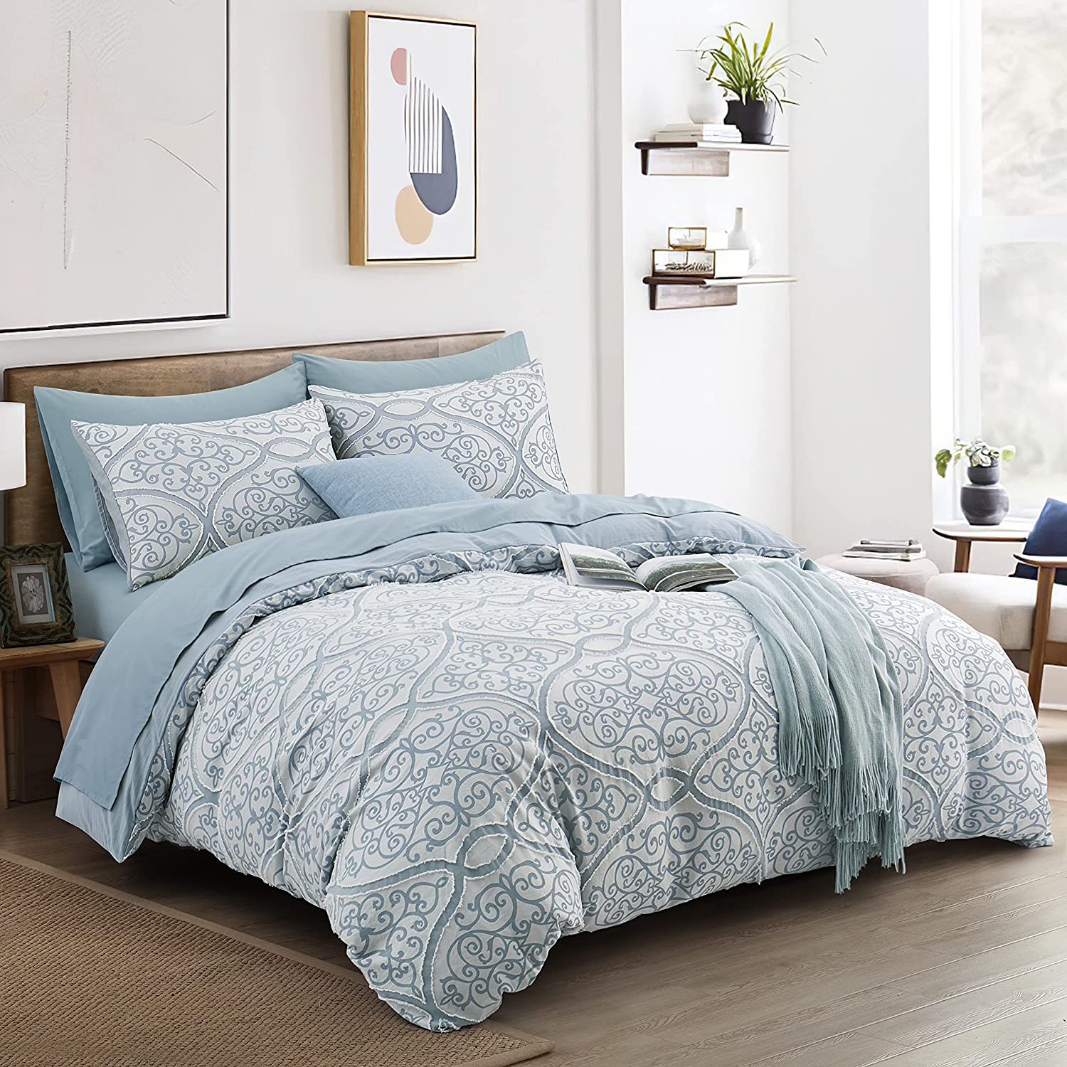 Price:$26.99 Duvet Cover King Size, 3PCS Tufted Jacquard Comforter Cover Set, Soft and Embroidery Chic Boho Bedding Sets, Blue : Home & Kitchen