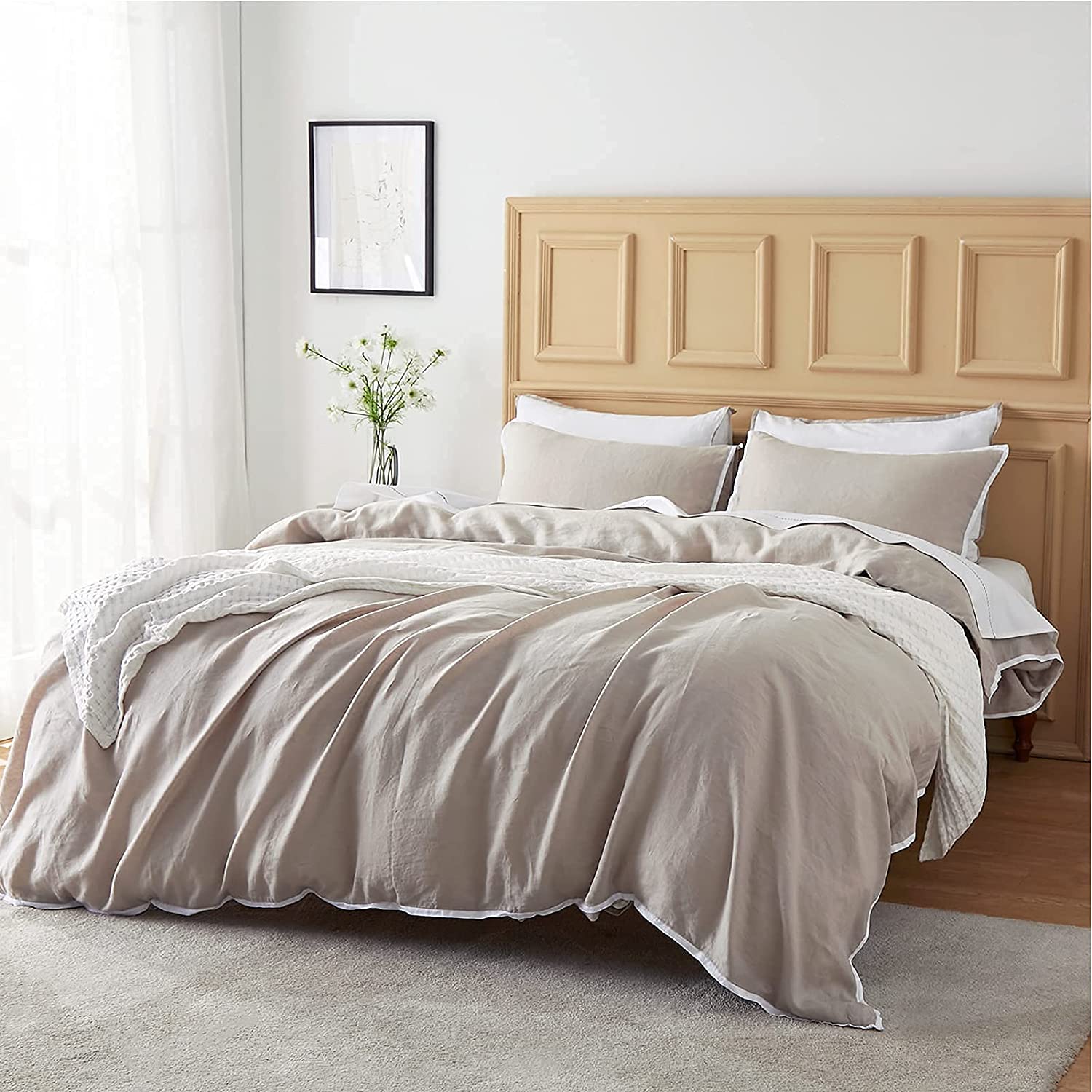 Price:$209.99 100% Linen Bedding Set - 3 Pieces Pure European Flax Duvet Cover Set, 4 Pieces Pure European Flax Sheet Set, Queen Size, Natural Linen : Home & Kitchen