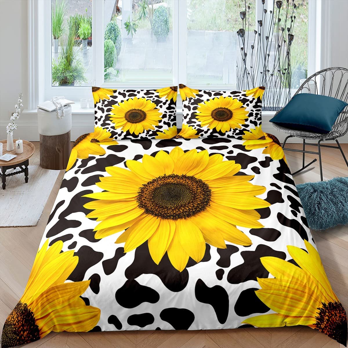 Price:$42.75 Sunflower Bedding Set Botanical Floral Duvet Cover Yellow Flowers Print Comforter Cover Cute Cows Bedspread Cover Bedroom Collection 3Pcs Queen Size : Home & Kitchen