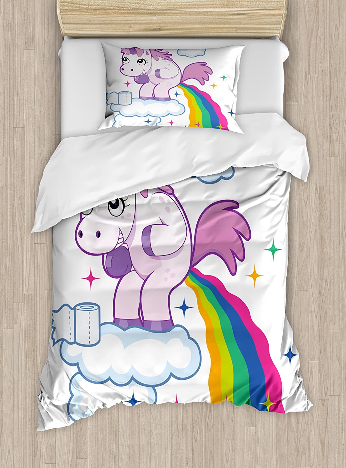 Price:$59.95 Funny Duvet Cover Set, Unicorn Pooping Rainbow Over Clouds Creative Girls Fantasy Cartoon, Decorative 2 Piece Bedding Set with 1 Pillow Sham, Twin Size, Pale Purple : Home & Kitchen