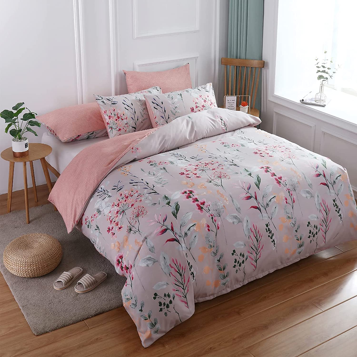 Price:$24.99 Botanical Leaves Pink Reversible Floral Colorful Duvet Cover Set Natural Flower Watercolor Painting All Season Soft Comforter Cover with Pillowcase (Queen (90"x90")) : Home & Kitchen