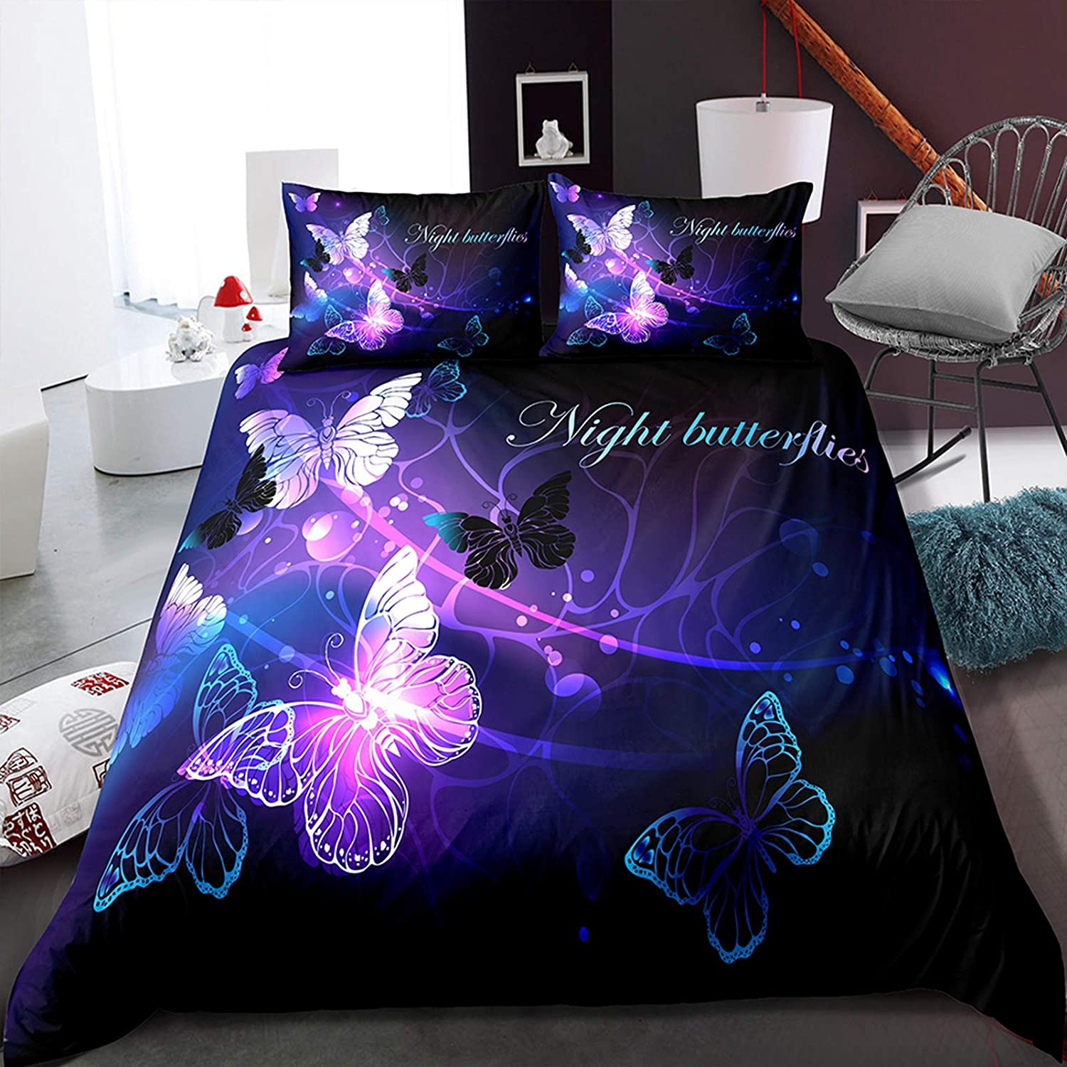Price:$59.98 Kelly Purple Butterfly Bedding Set King Size Kids,Fantasy Butterfly Pattern Duvet Cover,Bright Microfiber Comforter Set with Zipper,Girls Teens Gifts Bedroom Decor,1 Duvet Cover 2 Pillowcases : Home & Kitchen