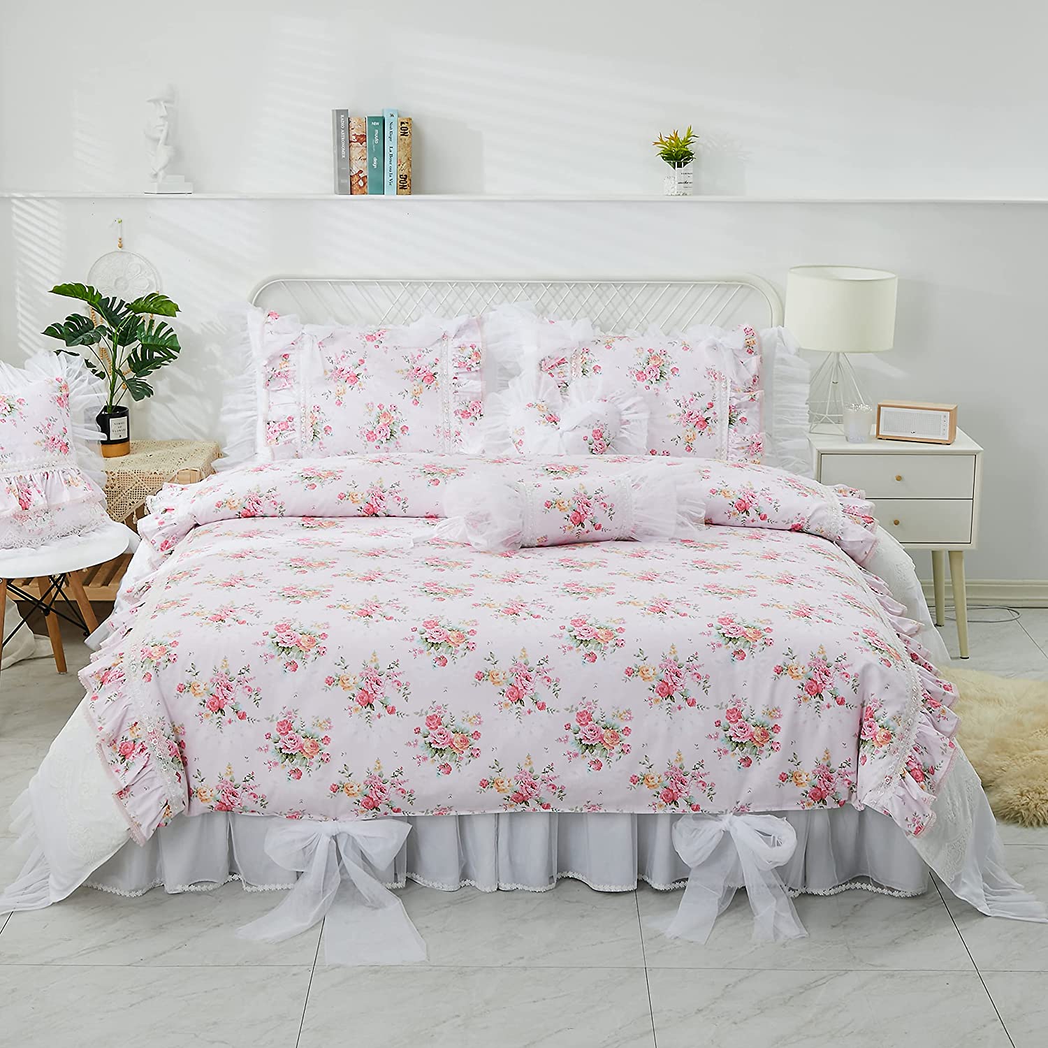 Price:$179.00 Pink Floral Duvet Cover King Vintage Floral Girls Bedding Cotton Lace Ruffle Duvet Cover Sets Luxury Premium Ultra Soft Romantic Roses Bedding 7 Pieces : Home & Kitchen