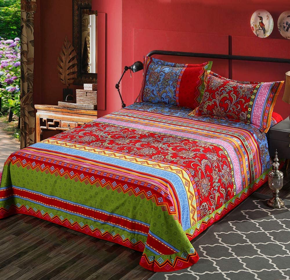 Price:$103.99 Bohemian Retro Printing Bedding Sets 4 Pieces,100% Brushed Cotton Ethnic Vintage Floral Duvet Cover Full Size Boho Bedding Sets : Home & Kitchen