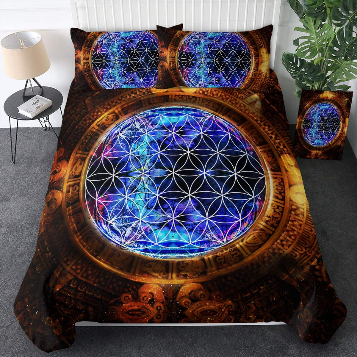 Price:$35.90 Neon Mandala Bedding Queen Set Boho Hippie Duvet Cover Ancient Mayan Calendar 3D Print Abstract Comforter Cover (3 Piece, Orange and Blue) : Home & Kitchen
