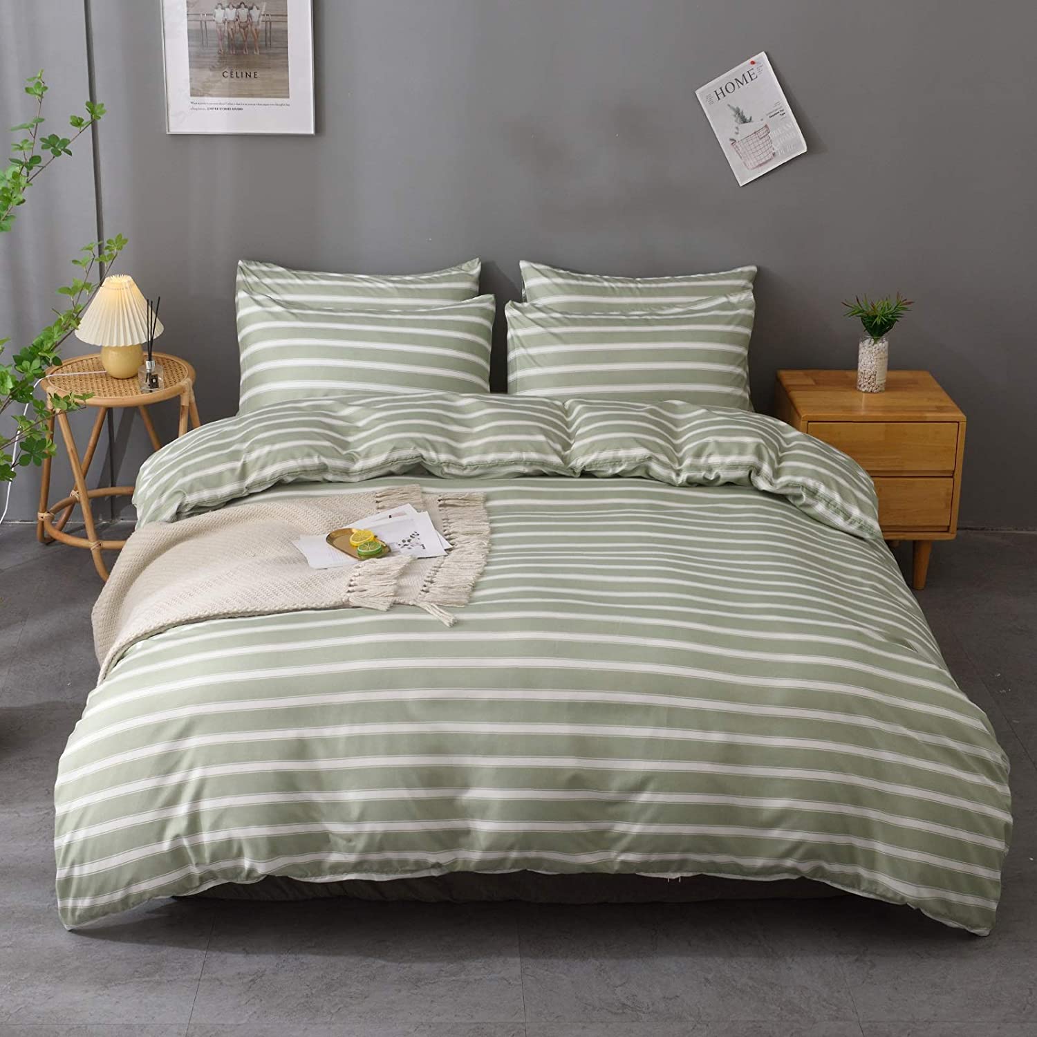 Price:$32.99 3 Pieces Striped Duvet Cover Green Set with Zipper Closure,100% Microfiber Fabric,Luxury Hotel Quality Bedding-King Size(1 Duvet Cover 2 Pillowcases) : Home & Kitchen