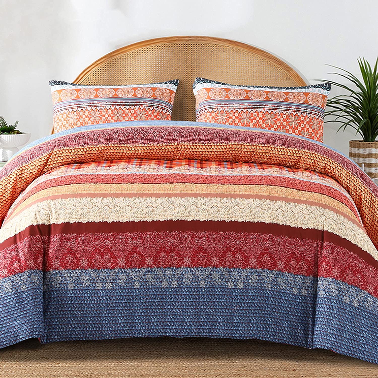 Price:$24.99 Mezcla Boho Bedding Duvet Cover Set, 3 Pieces Lightweight Comforter Cover with Pillow Shams (Queen Size，Blue and Reddish-Brown) : Home & Kitchen