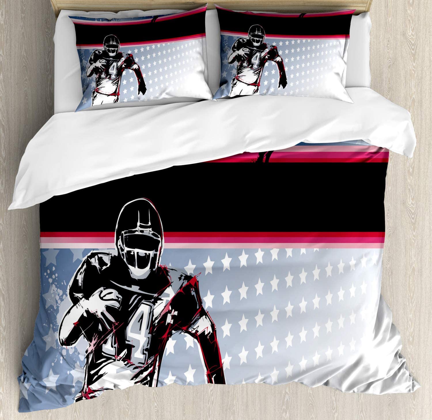 Price:$79.95 Americana Duvet Cover Set, Baseball American Football Player Running in The Field with The Stars Pattern, Decorative 3 Piece Bedding Set with 2 Pillow Shams, Queen Size, Blue Red : Home & Kitchen