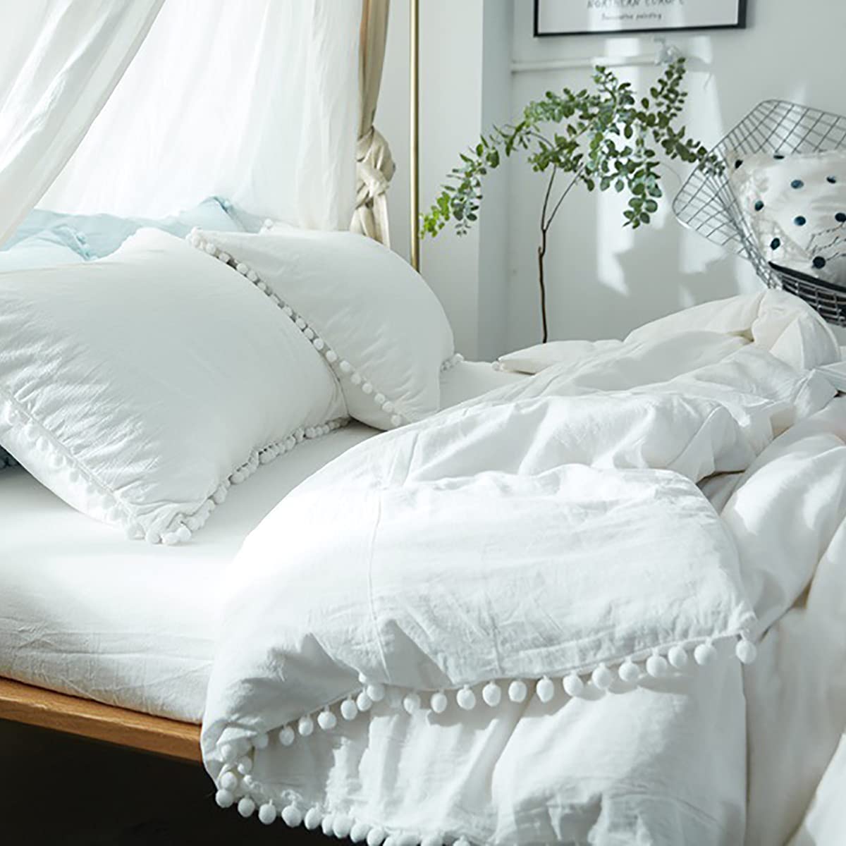 Price:$39.99 Pom Pom Fringe Duvet Cover King Size (104x90 Inch), 3 Pieces Boho Design Comforter Cover Soft Microfiber Bedding Set with Zipper Closure & Corner Ties(1 Pompom Duvet Cover, 2 Pillowcases) : Home & Kitchen