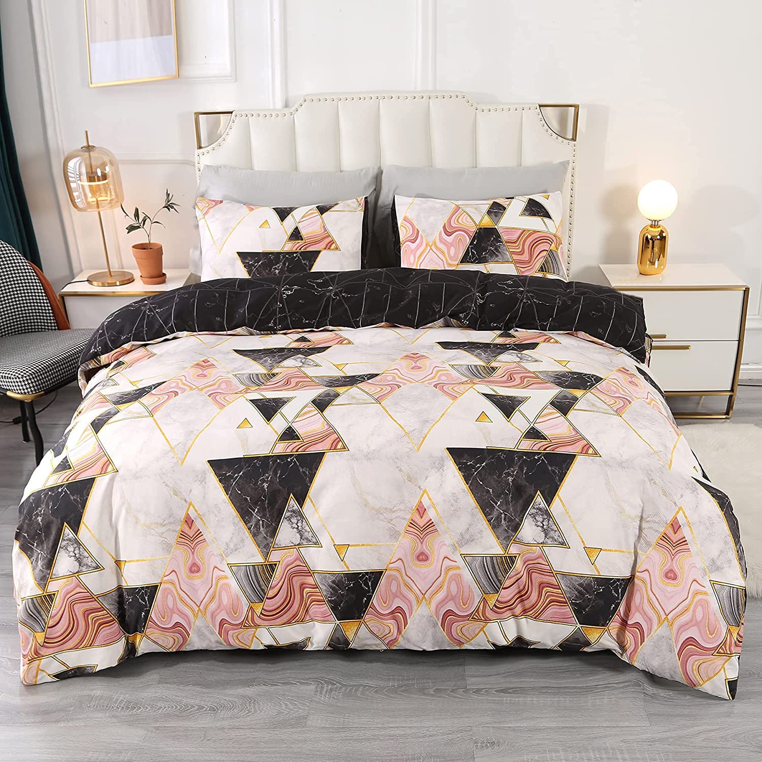 Price:$29.99 Pink King Duvet Cover Set Black Marble Comforter Covers with 2 Pillow Shams Geometric Print Bedding Sets for Girls Women : Everything Else