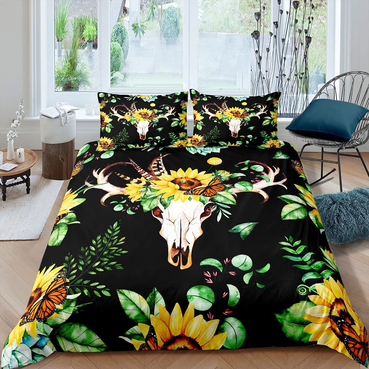 Price:$39.99 Fairy Yellow Sunflowers Duvet Cover Queen Size Deer Skull Tribe Skeleton Bedspread with Ties for Teens Adults Fresh Leaves Botanical Breathable Comforter Sets 3 Pieces Decorative Bed Cover : Home & Kitchen