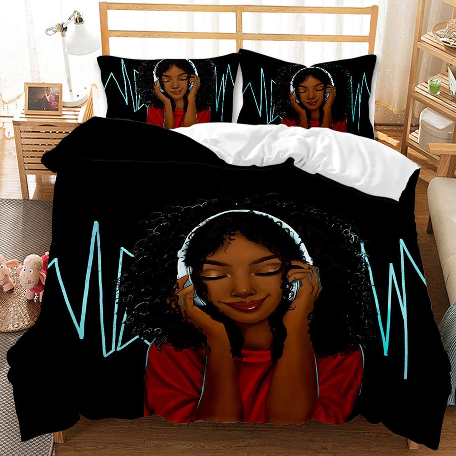 Price:$44.99 African American Black Girl Magic Bedding Set Queen Size Girls Love Music Wavy Hair Duvet Cover Set Black for Women Kids Teens 1 Duvet Cover + 2 Pillow Shams : Home & Kitchen