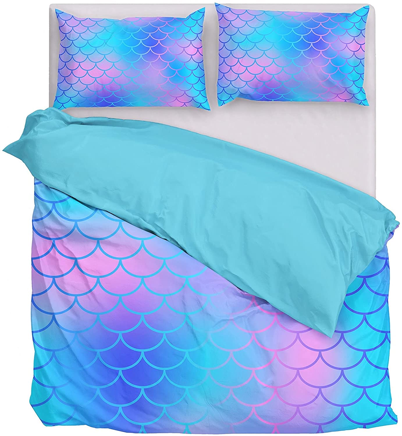 Price:$54.99 Bay Mermaid Bedding Set - 1 Duvet Cover with 2 Pillow Shams - 3 Pieces Fish Scale Comforter Cover with Zipper Closure for Kids Children Girls - Ultra Soft Brushed Microfiber, Queen Size : Home & Kitchen