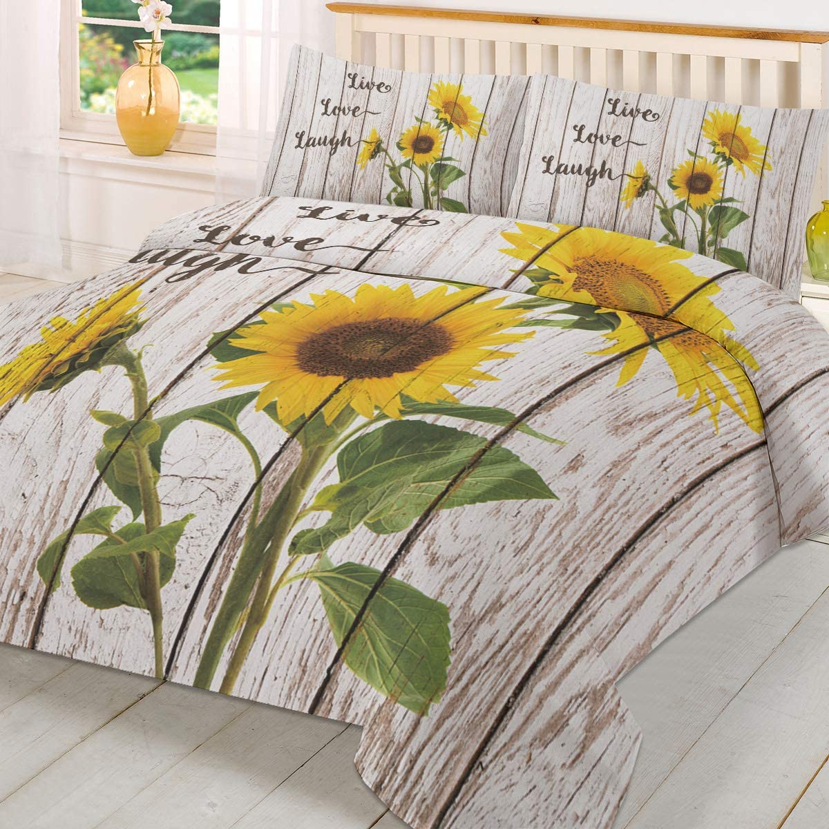 Price:$76.99 Pieces Sunflower Duvet Cover Set Ultra Soft and Easy Care Breathable Cozy, Bedding Set for Bedroom Decor King Size Set Live Love Laugh Vintage Farm Rustic On Wood : Home & Kitchen
