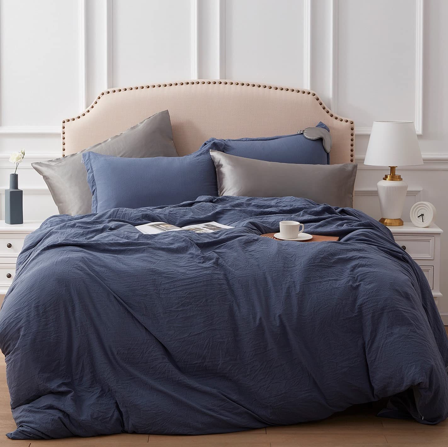 Price:$24.99 Duvet Cover Twin Size Navy Blue Microfiber Comforter Cover Set 3 Piece with Eye Mask and Zipper, 1 Brushed Pillow Sham and 1 Satin Pillowcase - 68x90 inches : Home & Kitchen