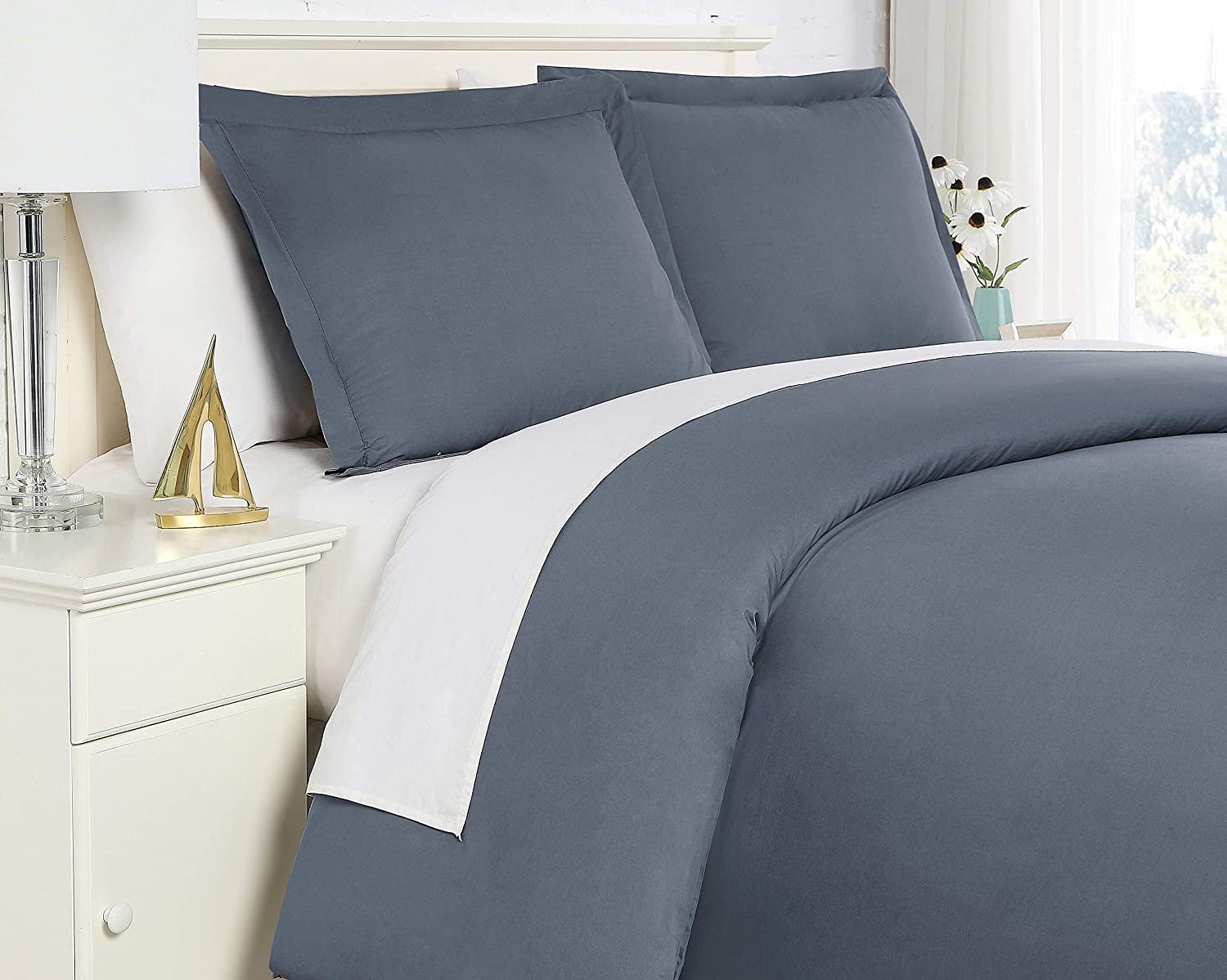 Price:$49.99 Fine Living, Inc. 300 Thread-Count, Premium Quality Single-Ply, Long Staple Cotton Percale Duvet Cover Set, Full/Queen, Steel Blue : Home & Kitchen