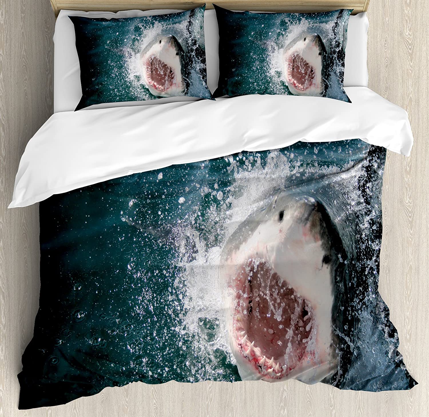Price:$47.98 Shark Duvet Cover Set, Wild Animal in The Sea Attacking Showing The Mouth and Teeth Scary Print, Decorative 3 Piece Bedding Set with 2 Pillow Shams, Queen Size, Petrol Blue : Home & Kitchen