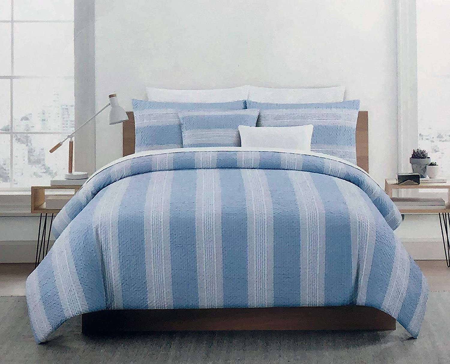 Price:$84.99 Texture Collection 3pc Duvet Cover Set Vertical Stripes Shades of Light and Medium Blue with Vintage Farmhouse Style Ruched Bubble Texture (Full / Queen) : Home & Kitchen
