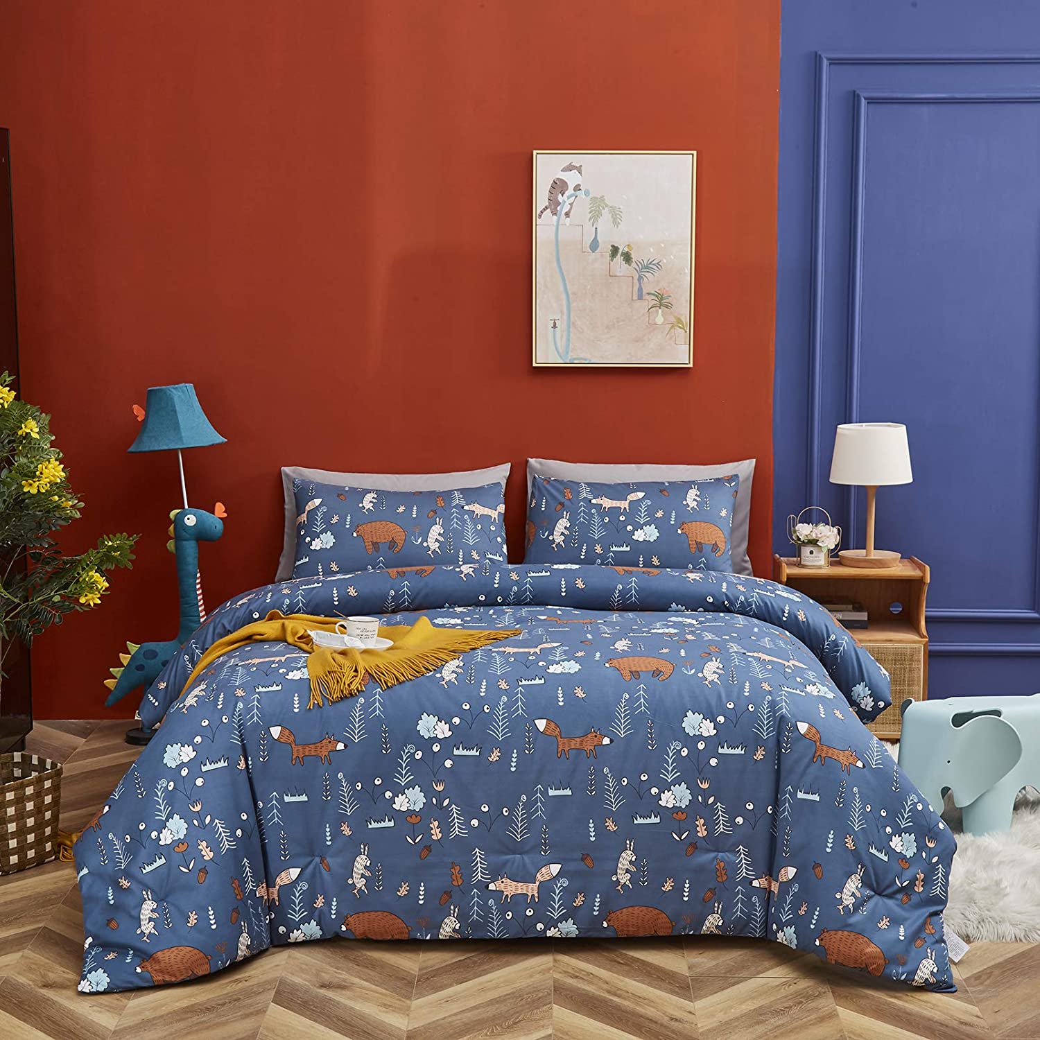 Price:$58.99 Navy Bear Duvet Cover Queen Cotton Boys Bedding Set Navy Blue Cartoon Fox Duvet Cover Set Animal Forest Pattern Comfy Breathable : Home & Kitchen