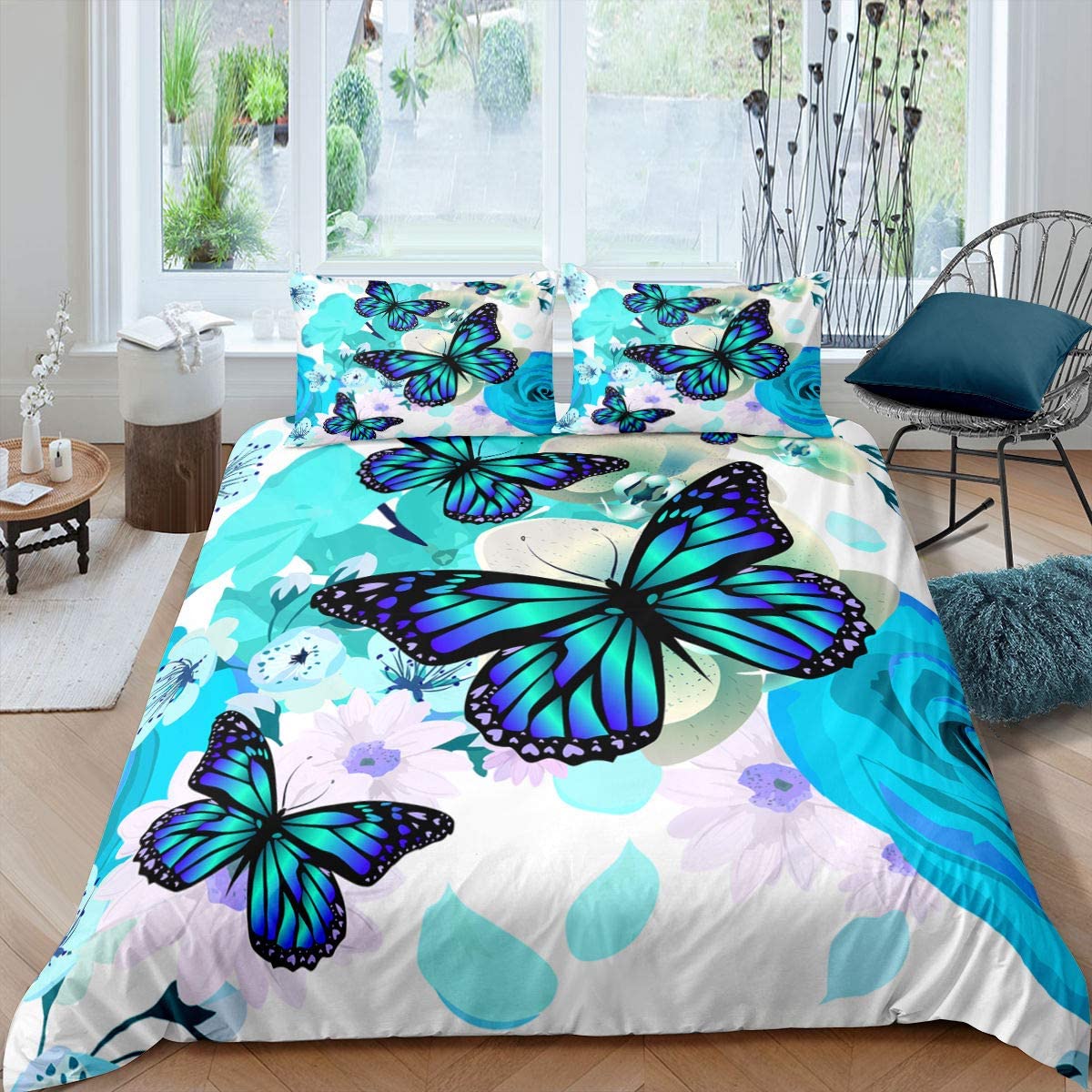 Price:$47.00 Butterfly Duvet Cover Watercolor Floral Decor Comforter Cover Set Fantasy Style Bedding Set for Girls Women Kids Cute Blue Butterfly Bedspread with Zipper Ties Flower Quilt Set, King Size : Home & Kitchen