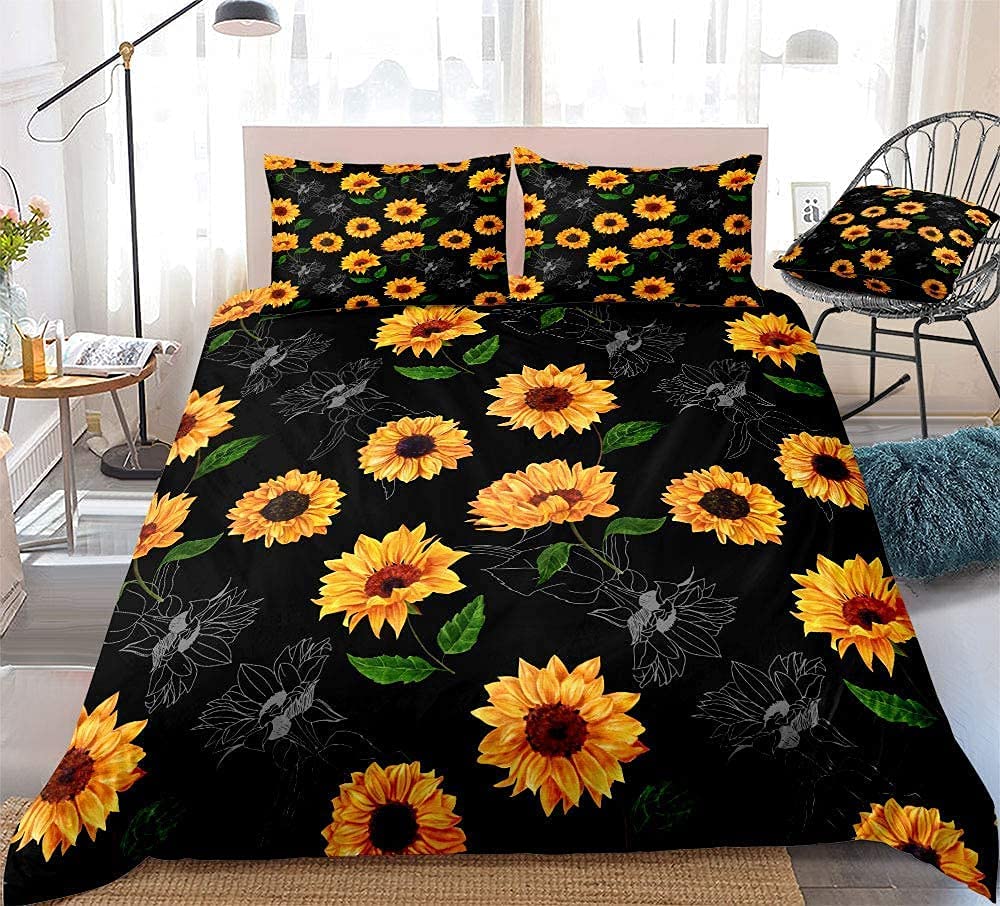 Price:$39.99 Black Sunflower Duvet Cover Set Sunflower Bedding Set Yellow Flowers Printed Queen Size Flower Bedding Set with 2 Pillowcases (Yellow, Queen) : Home & Kitchen