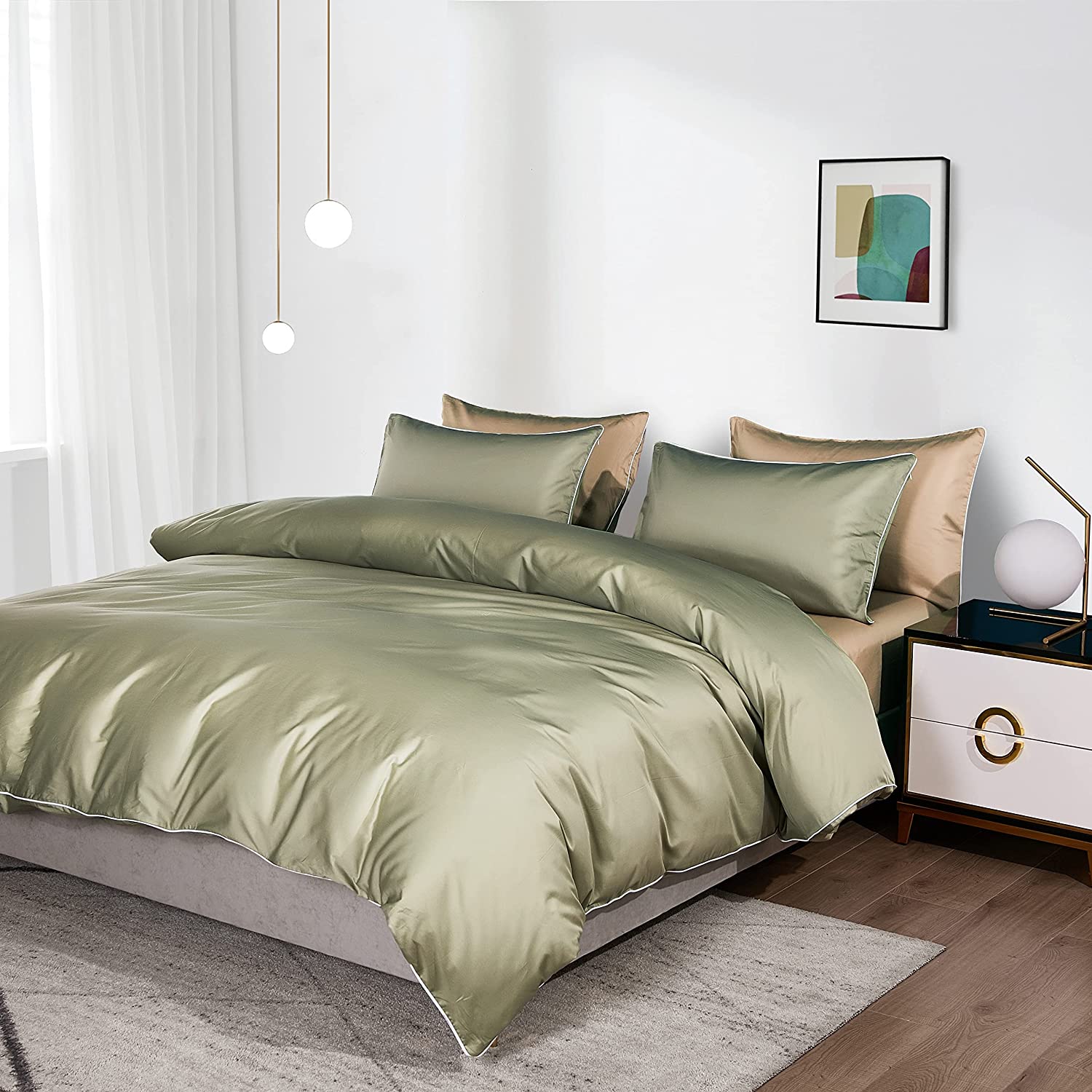 Price:$75.90 Duvet Cover Set 3 pcs(1 Duvet Cover+2 Pillowcases) 100% Cotton Sateen Woven Hidden Zipper Closure (Pale Green, Queen) : Home & Kitchen