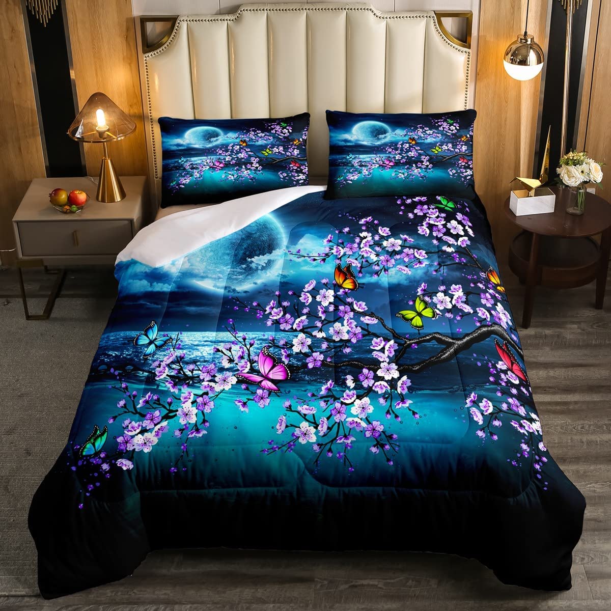 Price:$52.99 Ocean Bedding Set,Bright Moon with Cloud Comforter,Purple Cherry Blossom Home Decor Duvet,Watercolor Butterflies Duvet/Quilt Set Full Size,Girls Teens Birthday Gift : Home & Kitchen